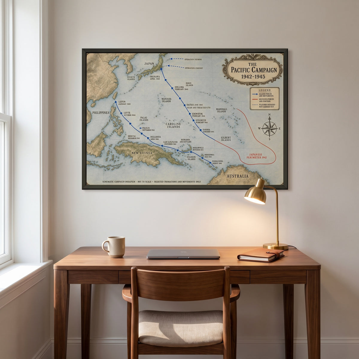 The Pacific Campaign — Map framed print hanging in a home interior