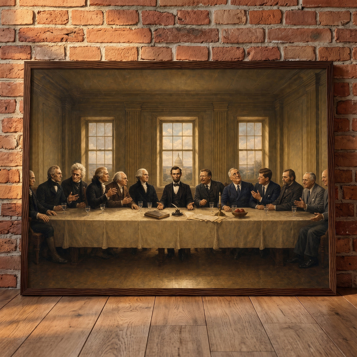 The Presidents' Table framed print leaning against a wall