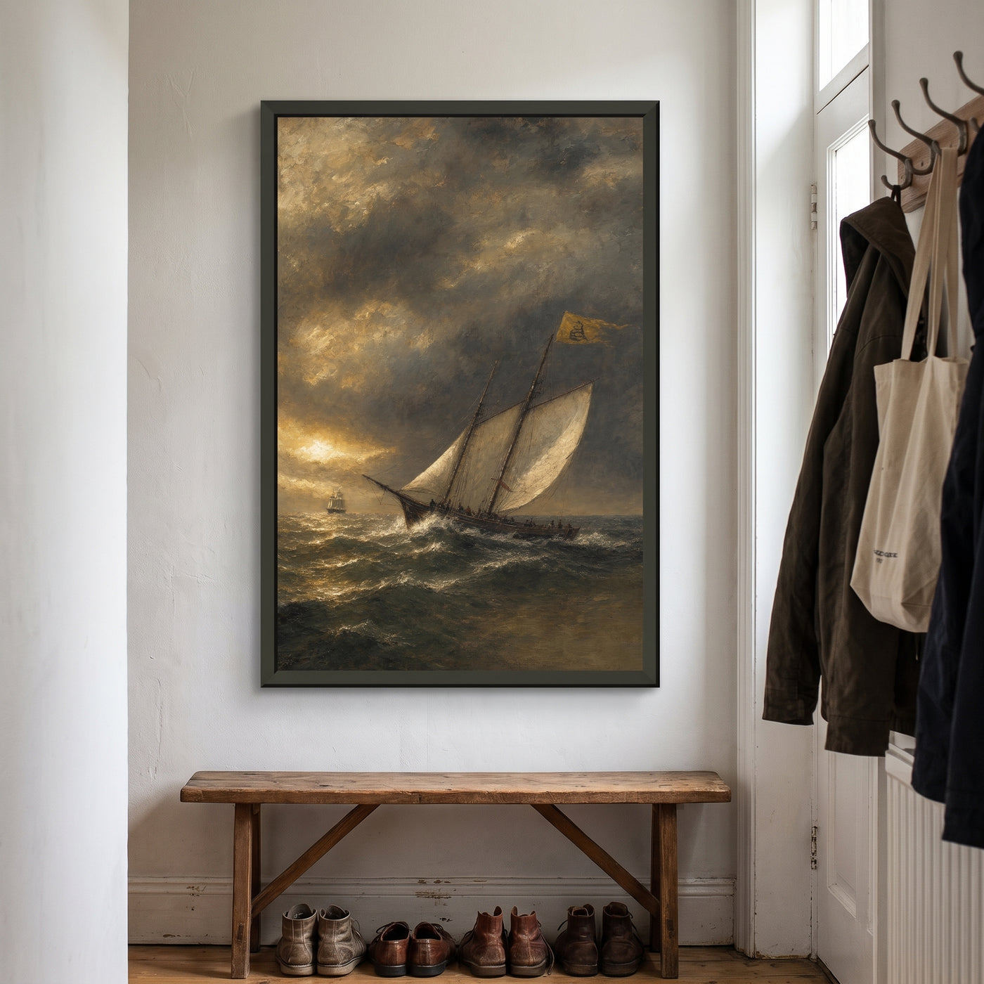 The Privateer Schooner framed print hanging in a home interior