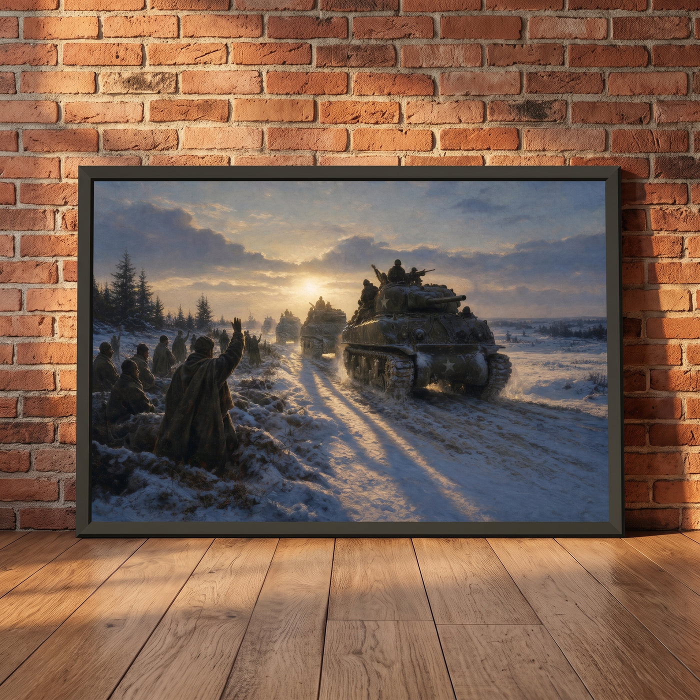 The Relief of Bastogne framed print leaning against a wall