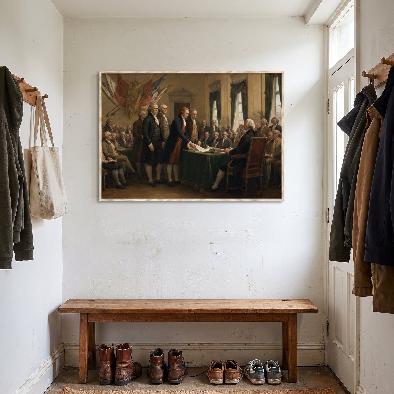 The Signing of the Declaration of Independence framed print hanging in a home interior