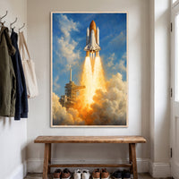 The Space Shuttle Launch framed print hanging in a home interior