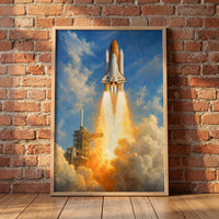 The Space Shuttle Launch framed print leaning against a wall