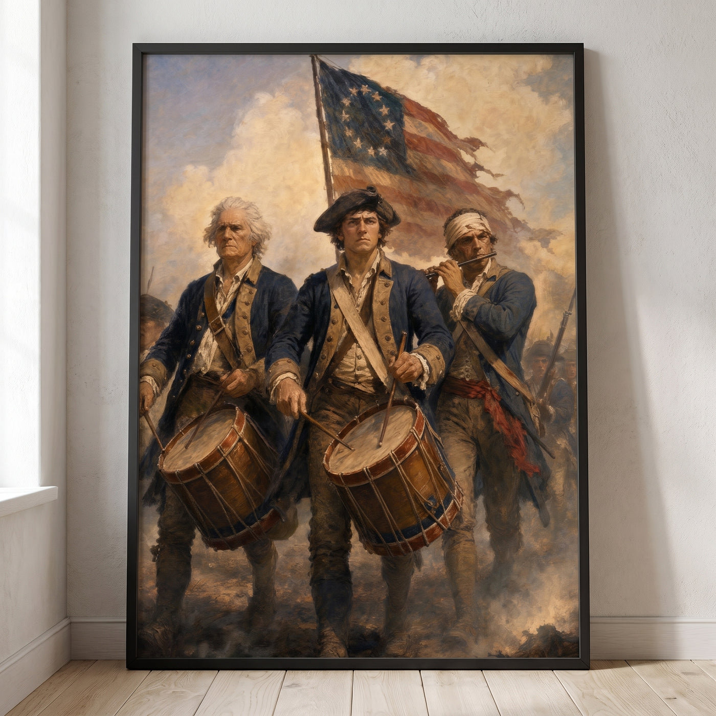 The Spirit of '76 framed print leaning against a wall