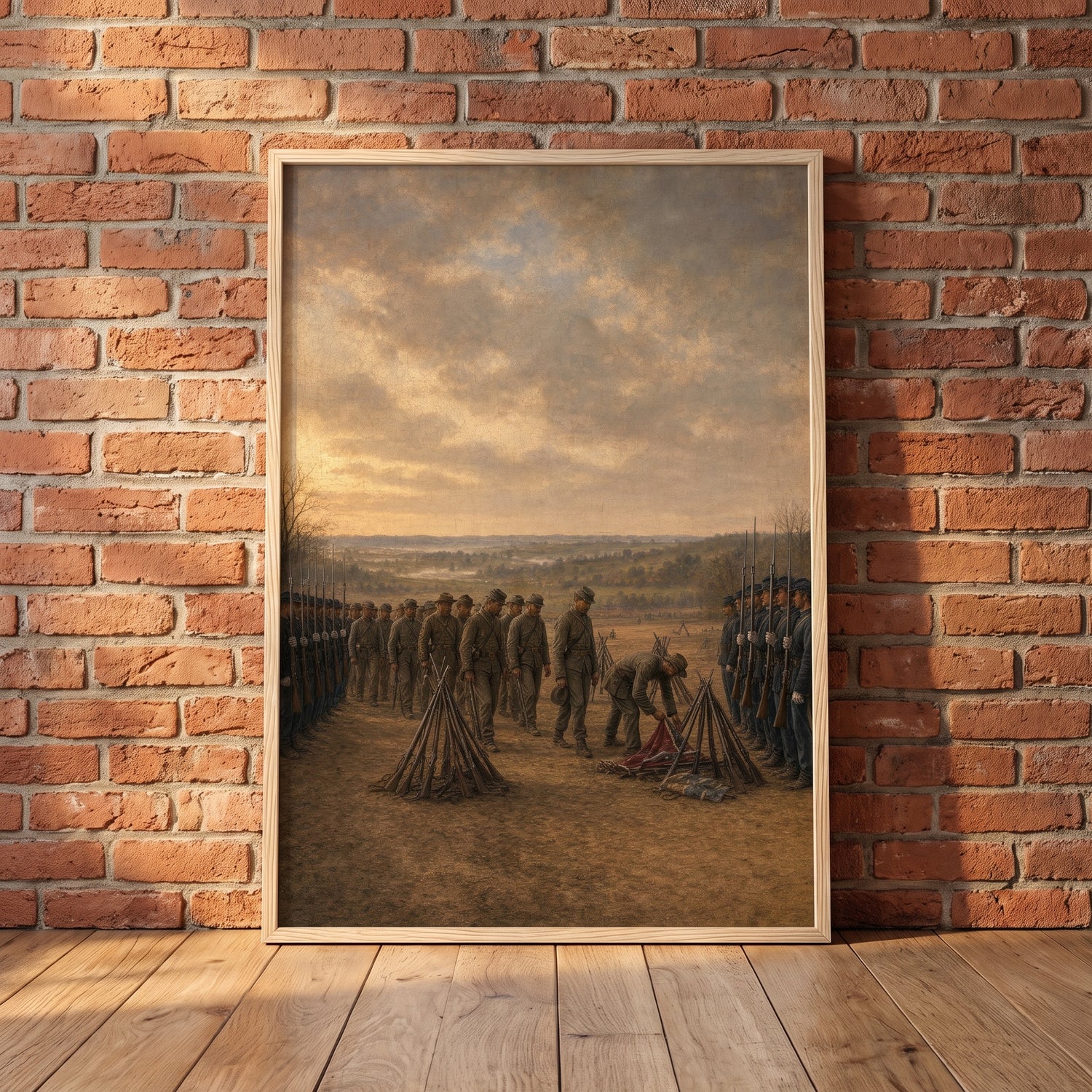 The Stacking of Arms framed print leaning against a wall