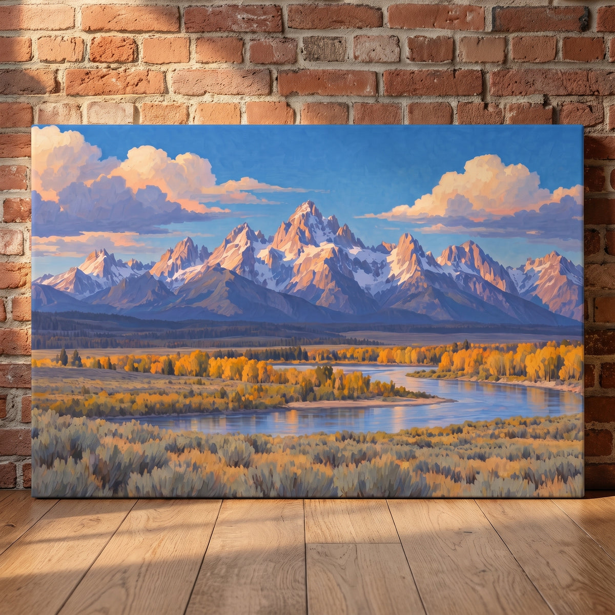The Teton Range canvas print leaning against a wall