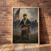 The Union Drummer Boy framed print leaning against a wall