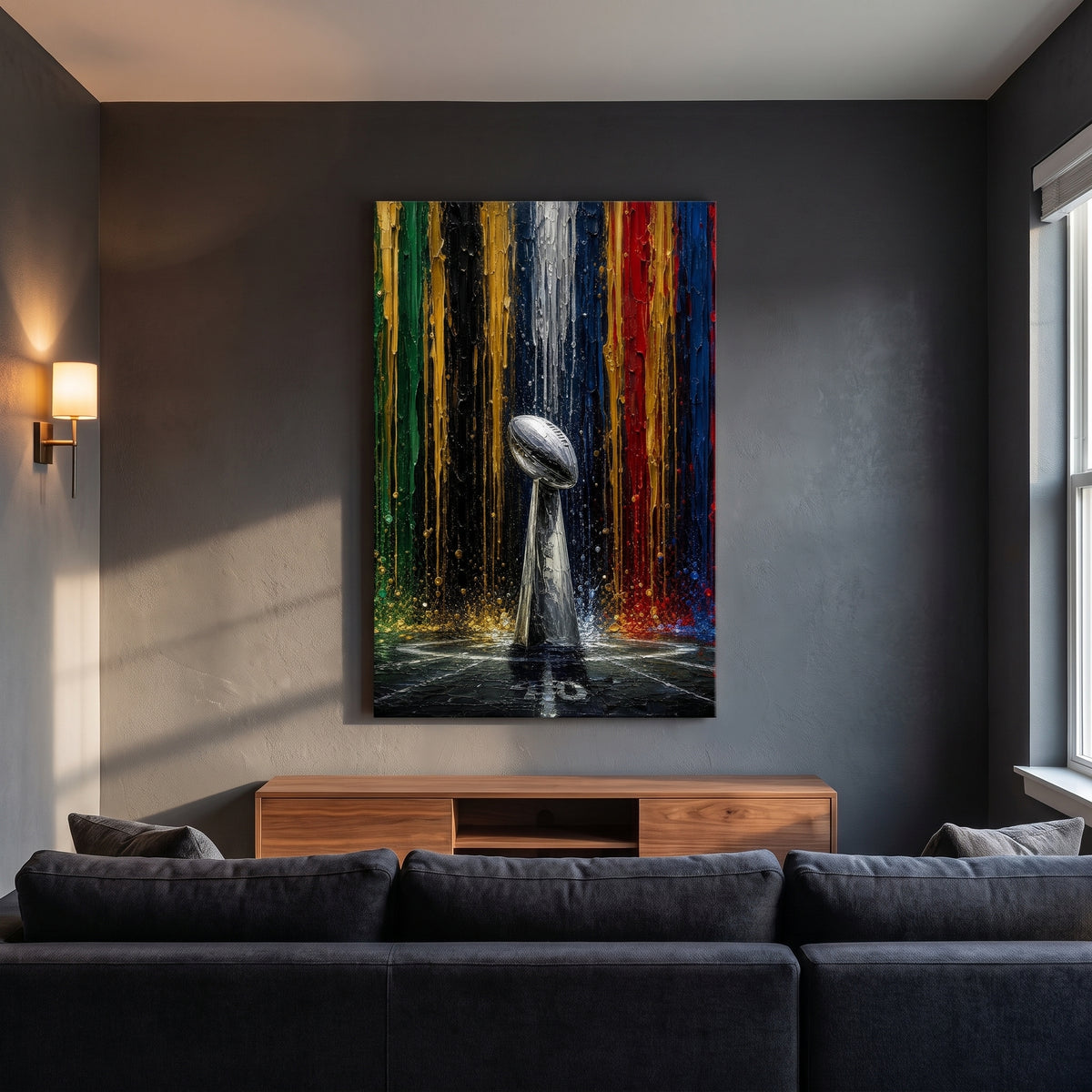 The Weight of Glory canvas print above a media console in a den