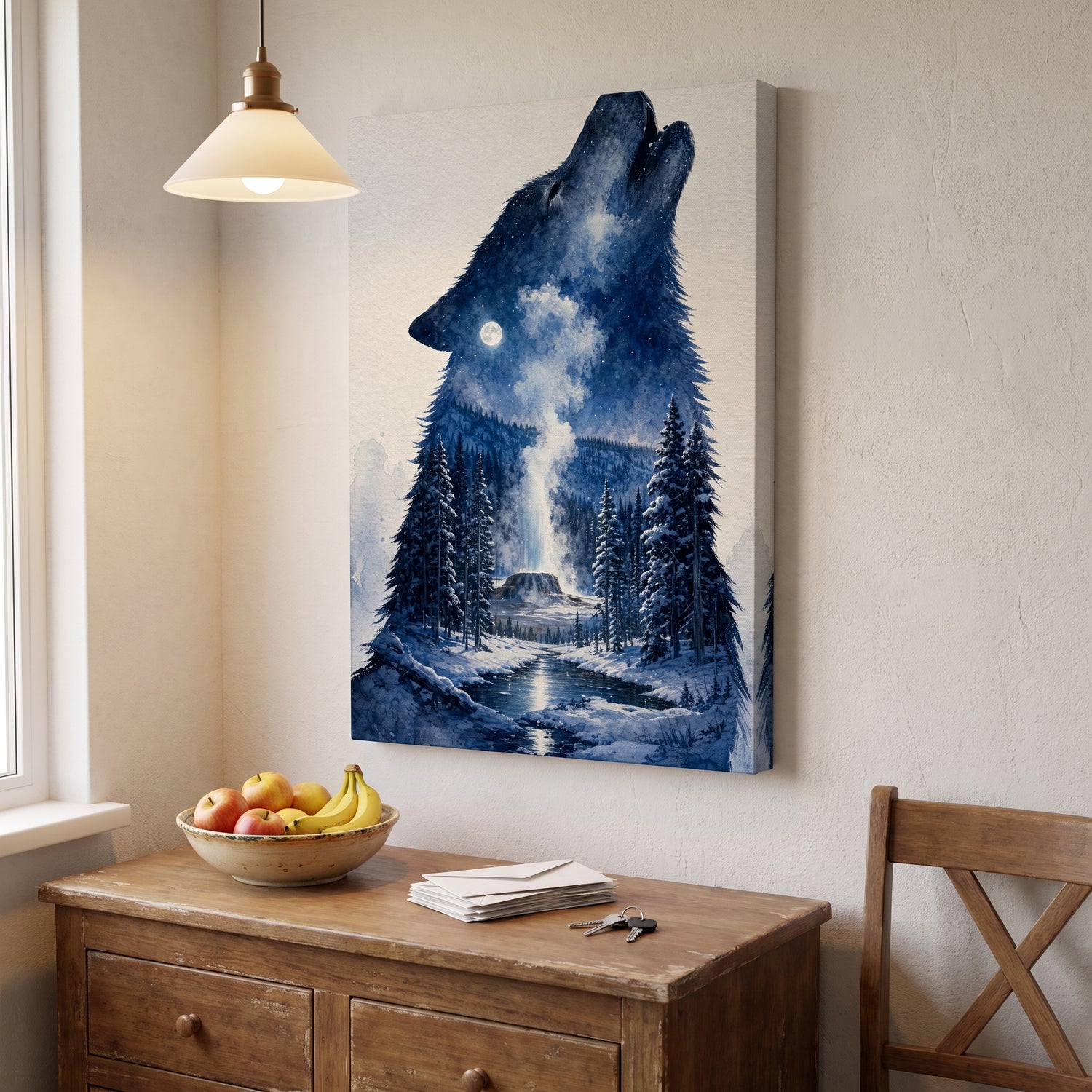 The Winter Howl canvas print hanging in a home interior