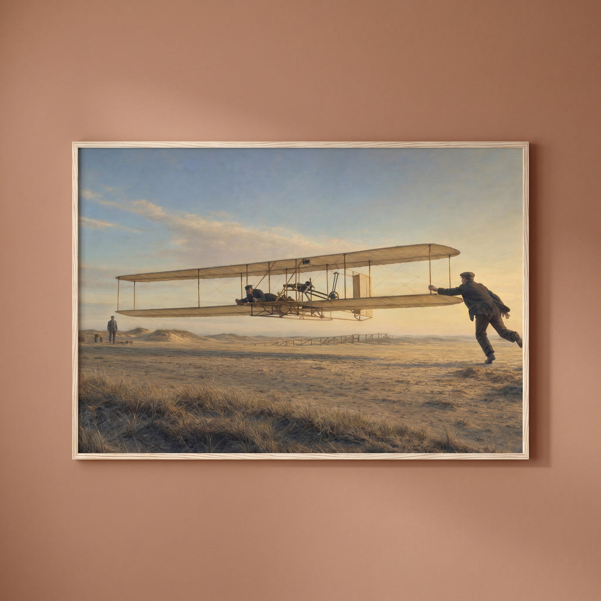 The Wright Brother's First Flight framed print on a plain wall