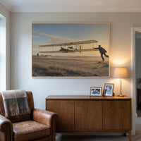 The Wright Brother's First Flight framed print hanging in a home interior