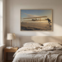 The Wright Brother's First Flight framed print hanging in a home interior