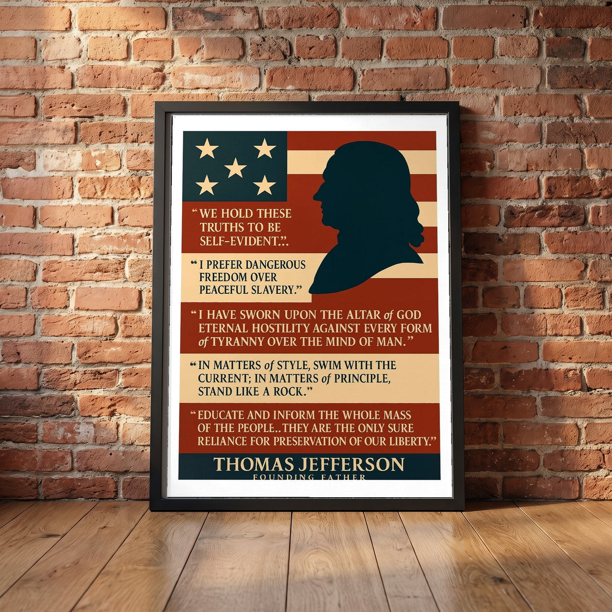 Thomas Jefferson - Iconic Quotes framed print leaning against a wall