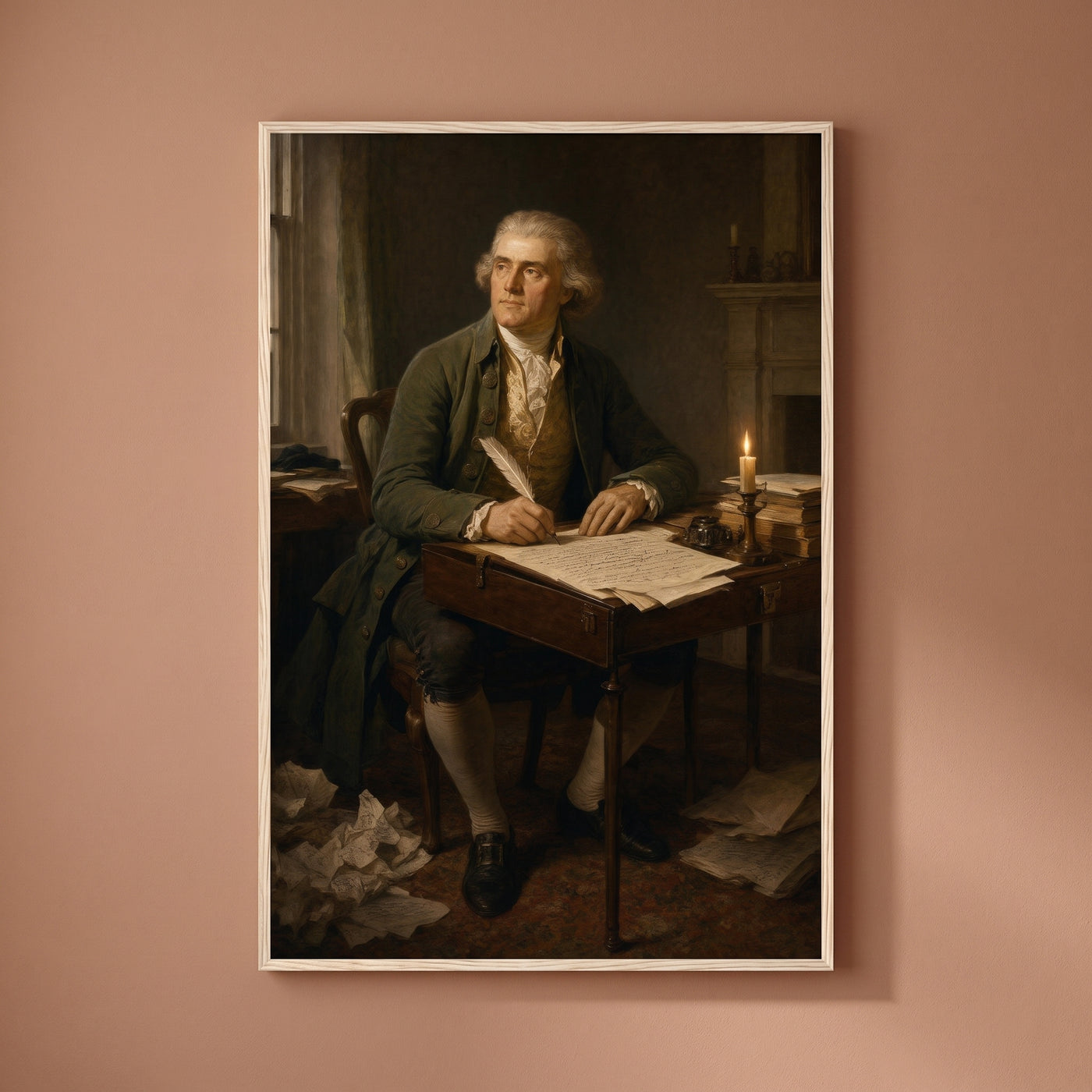 Thomas Jefferson framed print on a plain wall