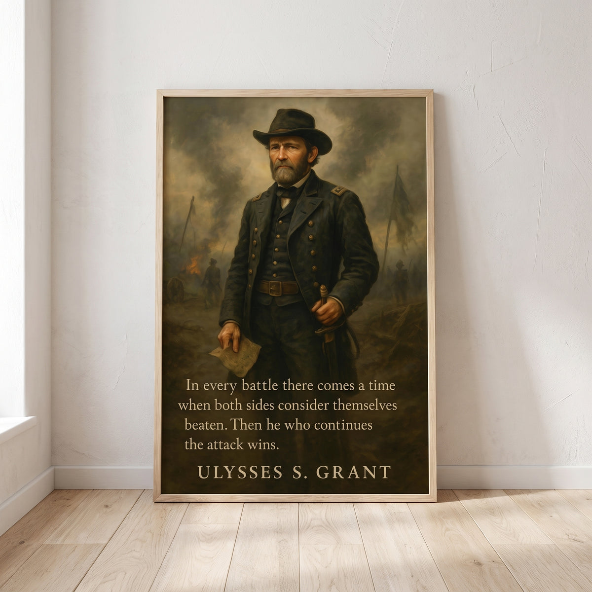 Ulysses S. Grant - In Every Battle framed print leaning against a wall