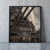 Under the Guns of the Missouri framed print leaning against a wall