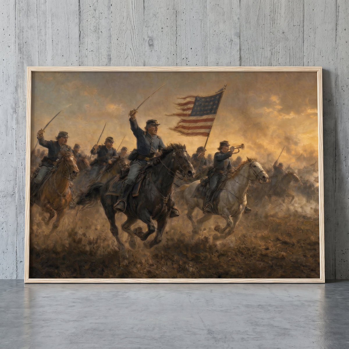 Union Cavalry Charge framed print leaning against a wall