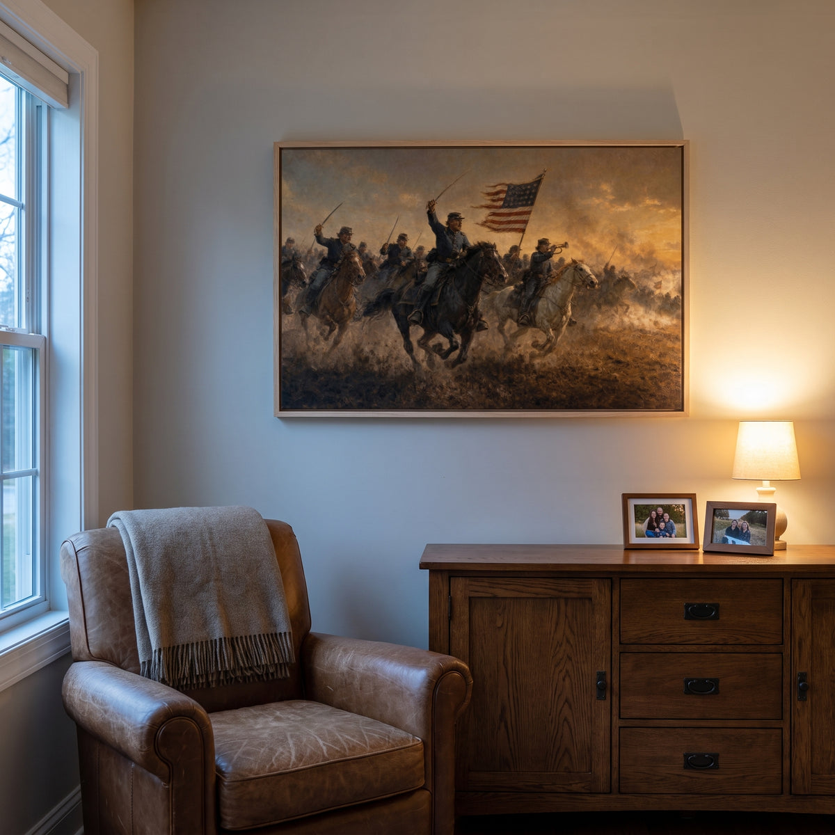 Union Cavalry Charge framed print hanging in a home interior