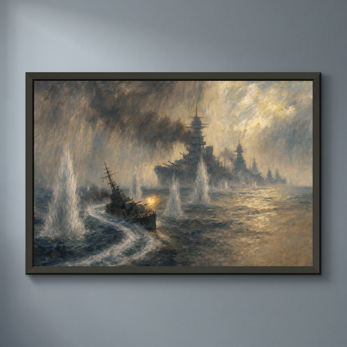 USS Johnston at Samar framed print on a plain wall