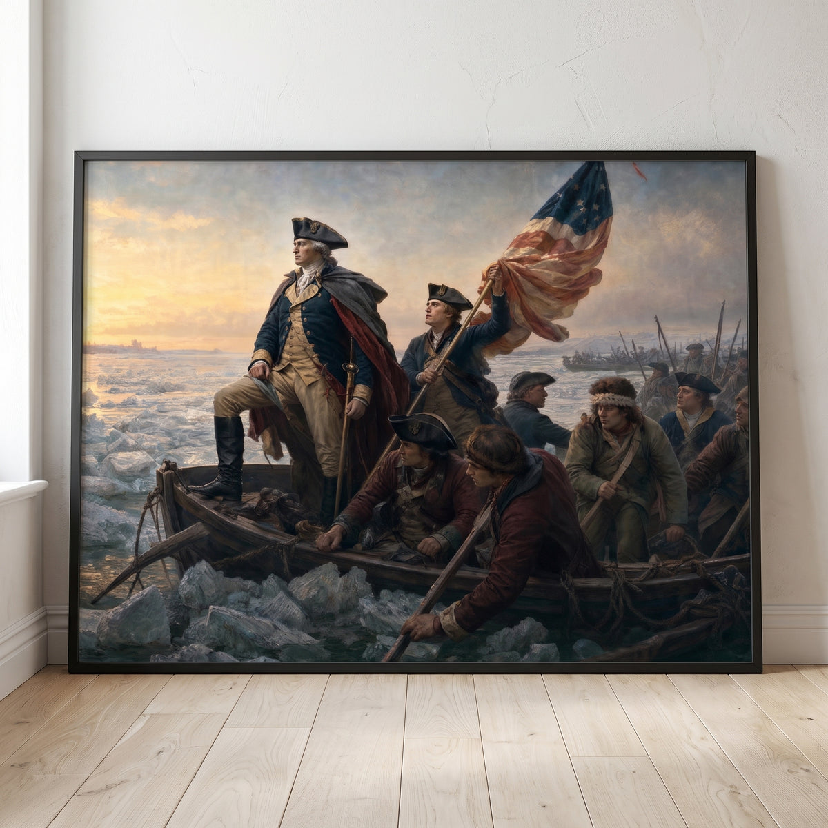 Washington Crossing the Delaware framed print leaning against a wall