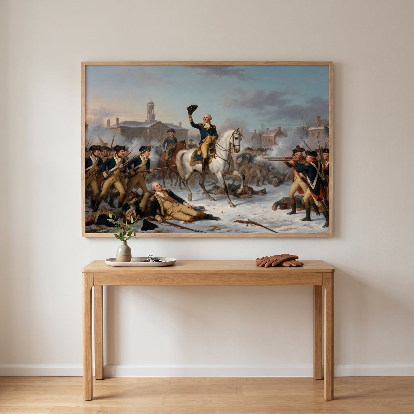 Washington Rallying the Troops at Trenton framed print hanging in a home interior