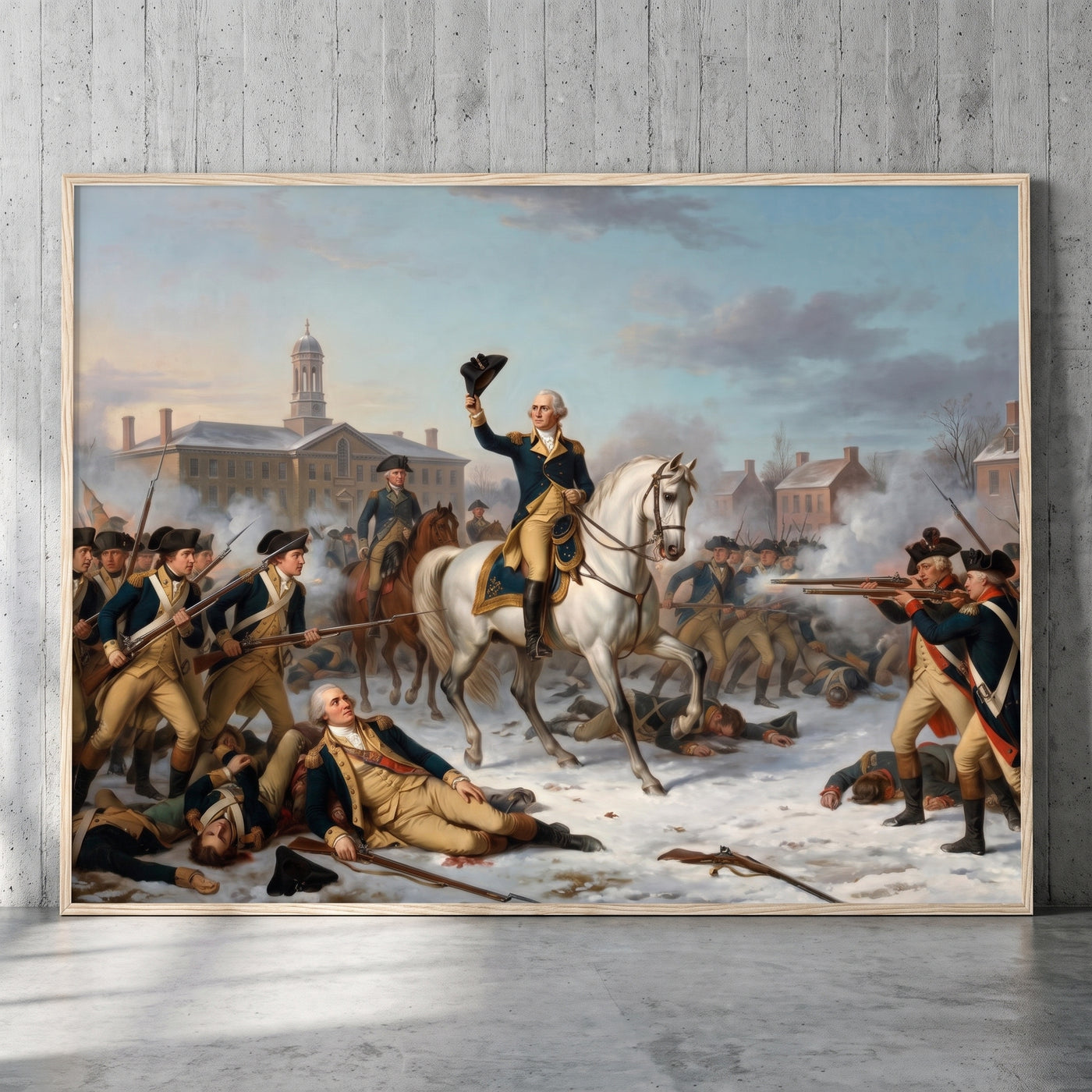 Washington Rallying the Troops at Trenton framed print leaning against a wall