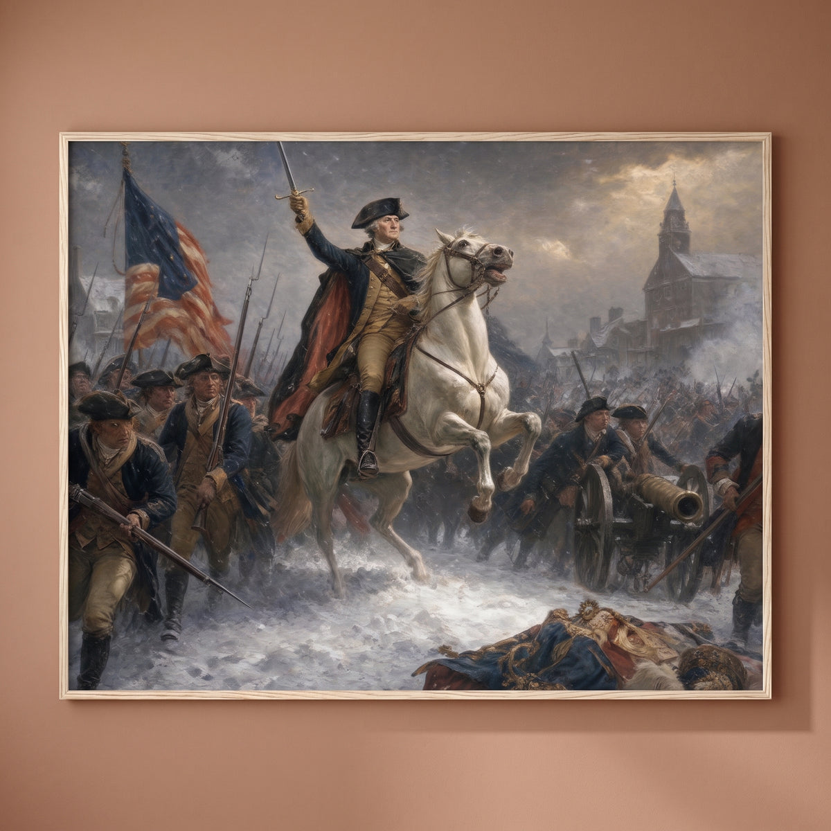 Washington Rallying the Troops at Trenton framed print on a plain wall
