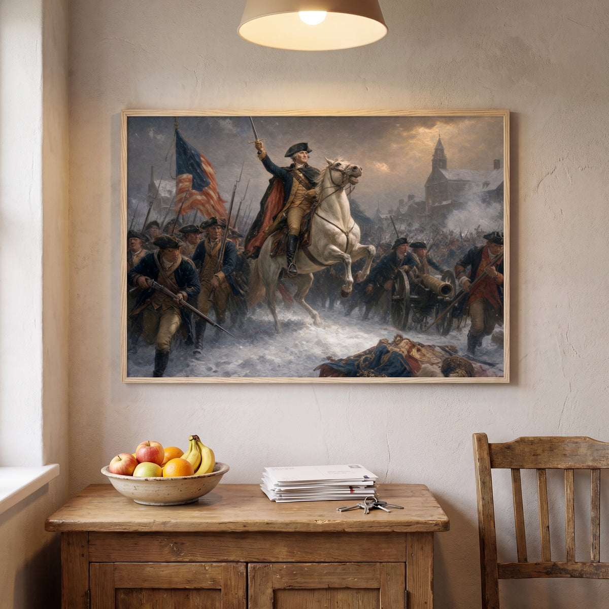 Washington Rallying the Troops at Trenton framed print hanging in a home interior