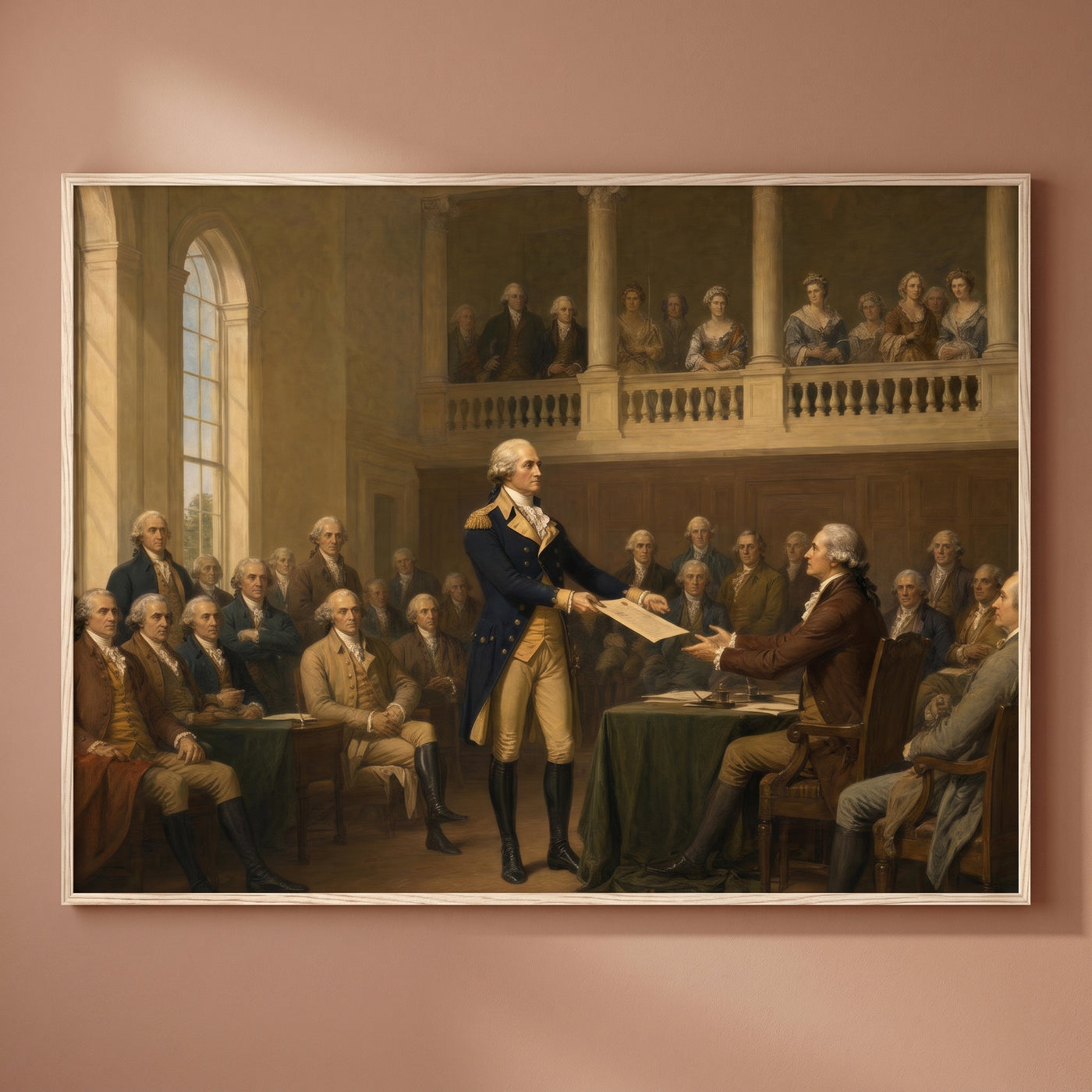 Washington Resigns His Commission framed print on a plain wall