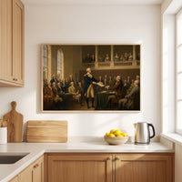 Washington Resigns His Commission framed print hanging in a home interior
