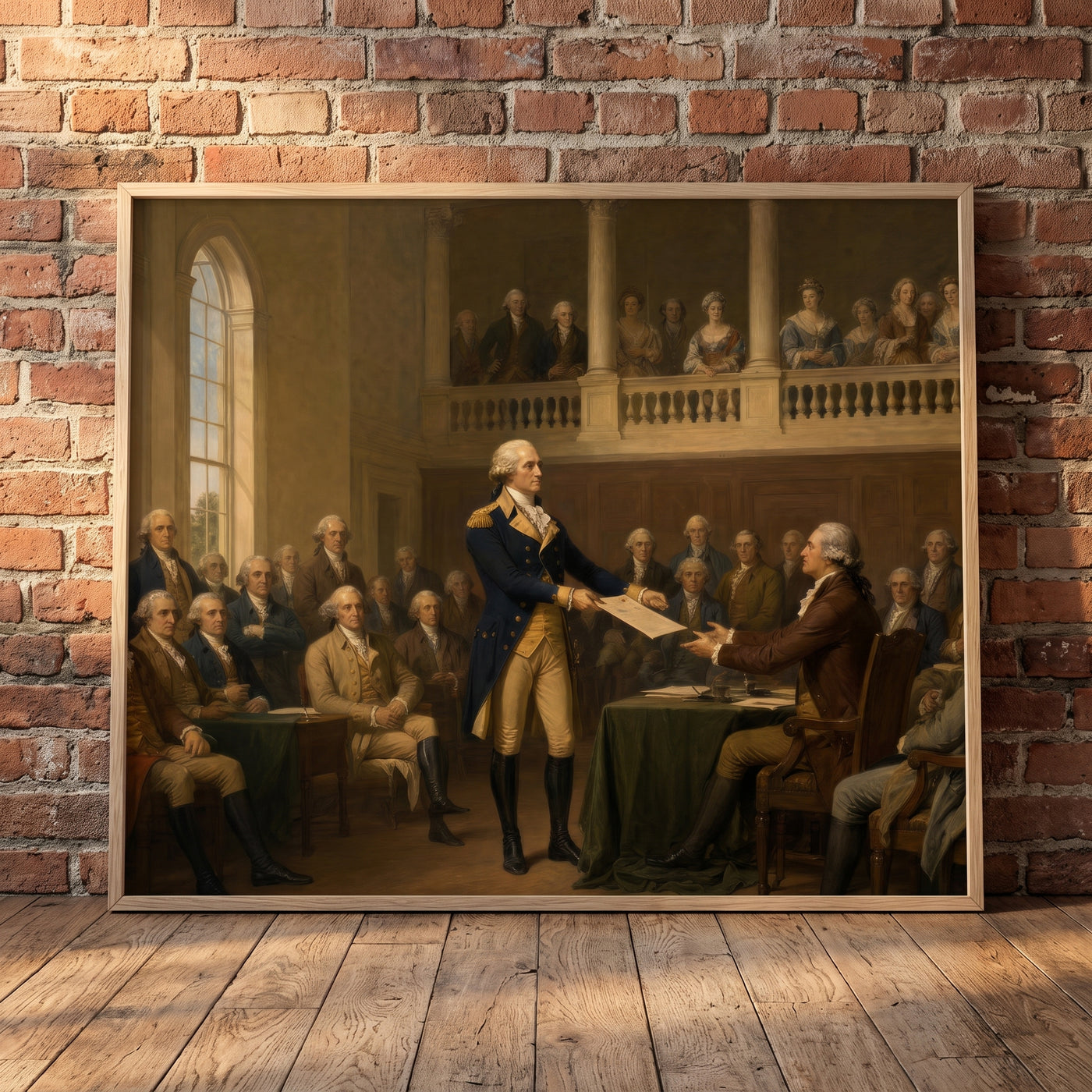 Washington Resigns His Commission framed print leaning against a wall