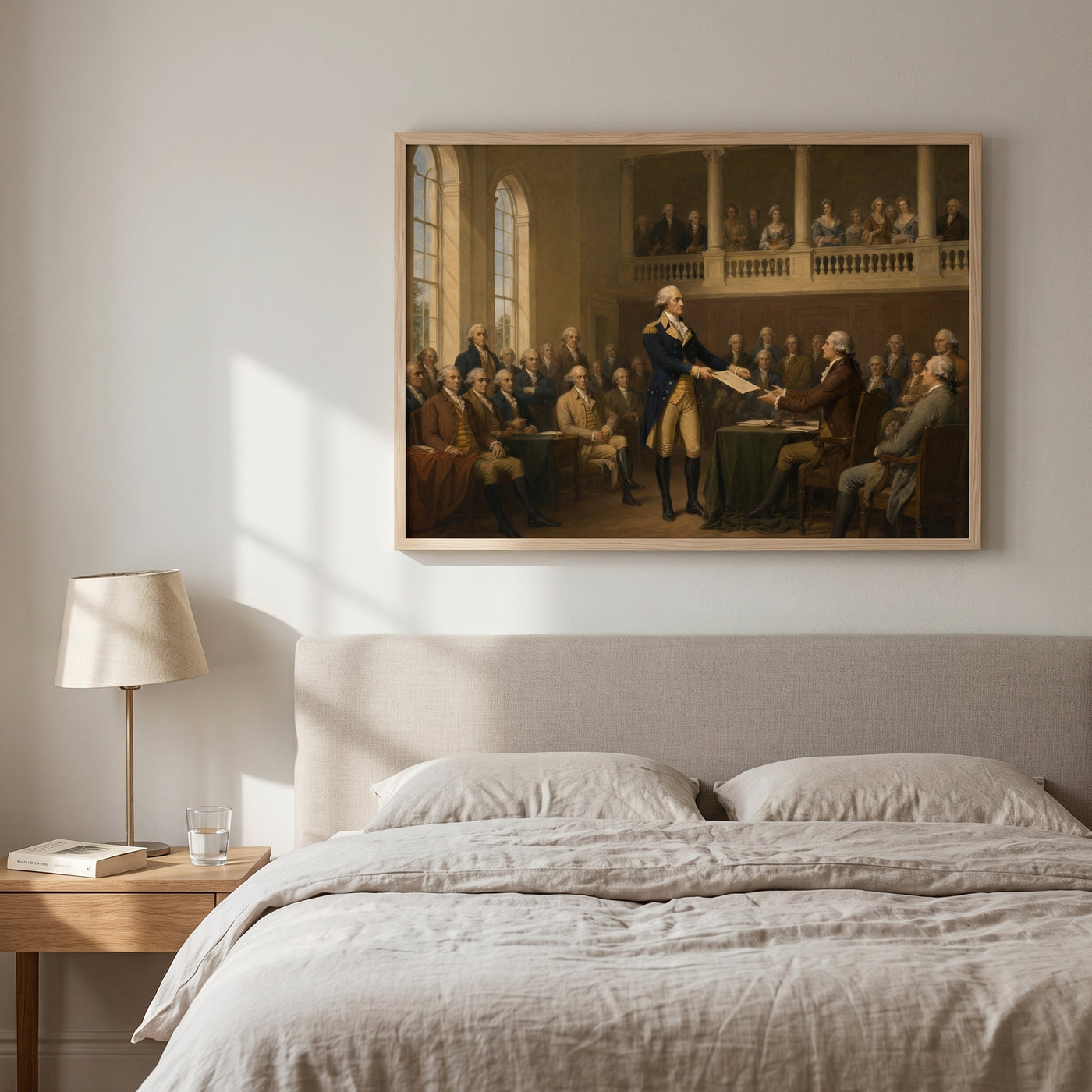 Washington Resigns His Commission framed print hanging in a home interior