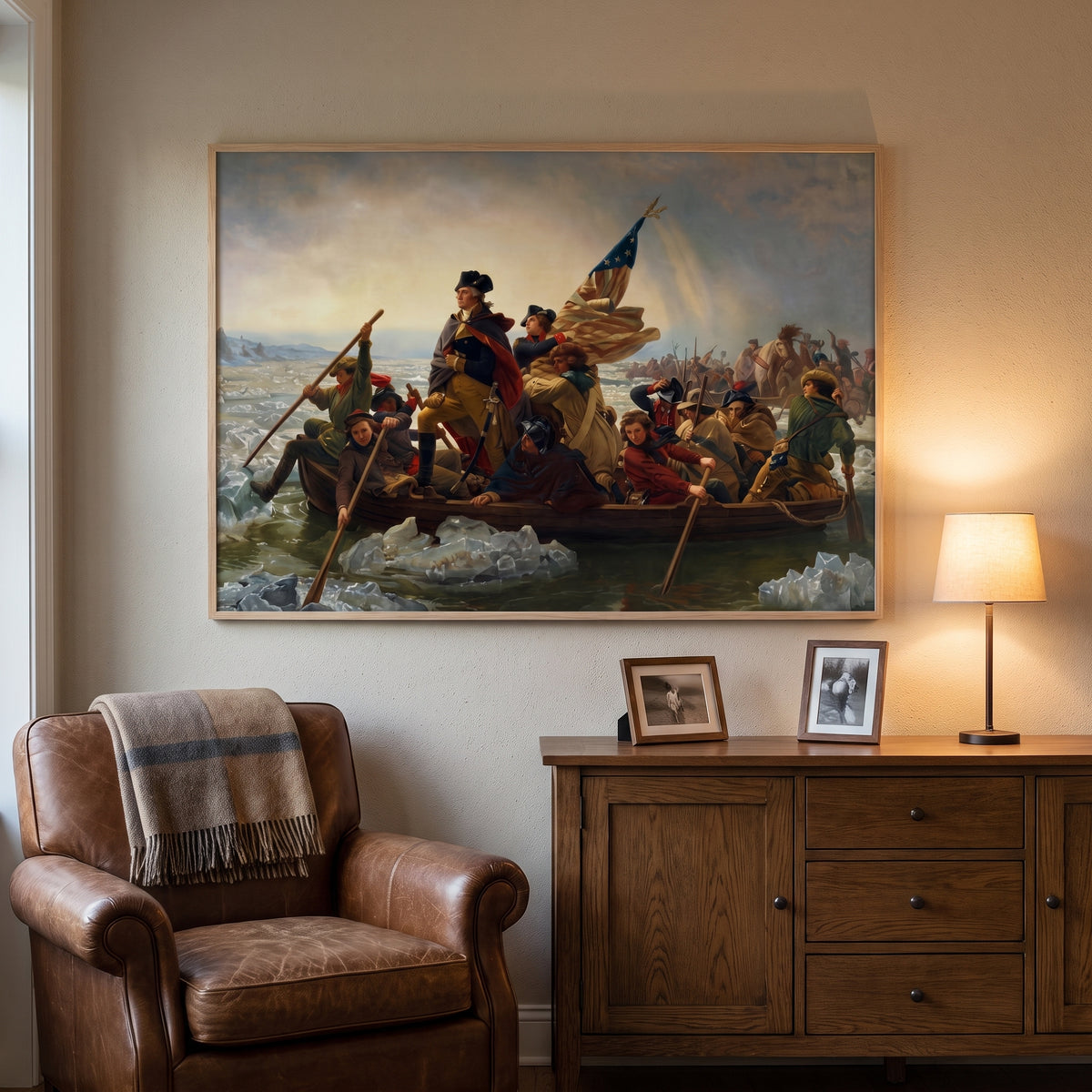 Washington's Crossing framed print hanging in a home interior