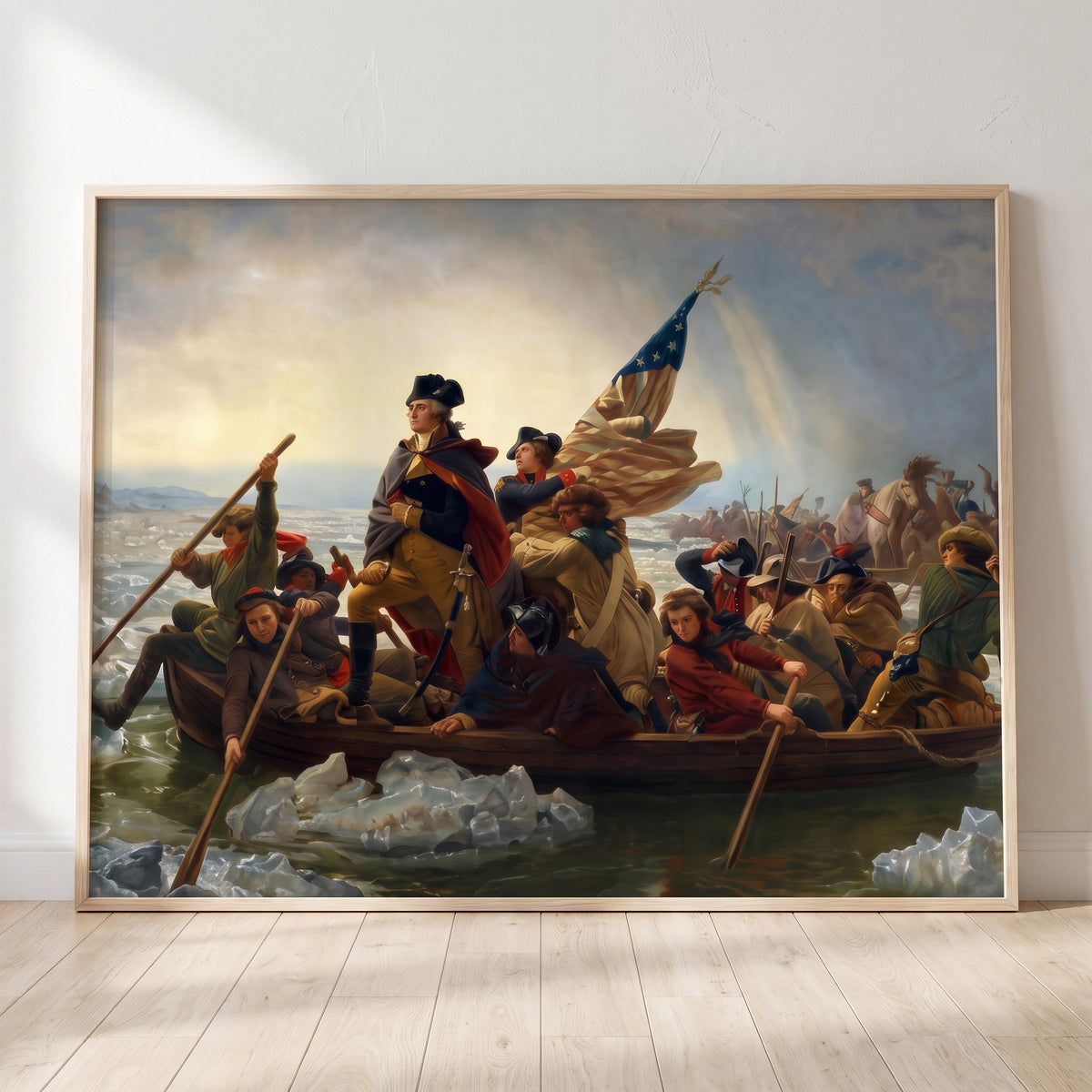 Washington's Crossing framed print leaning against a wall