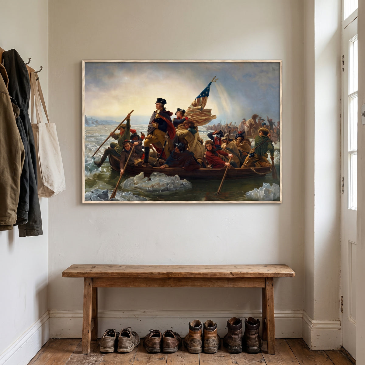 Washington's Crossing framed print hanging in a home interior