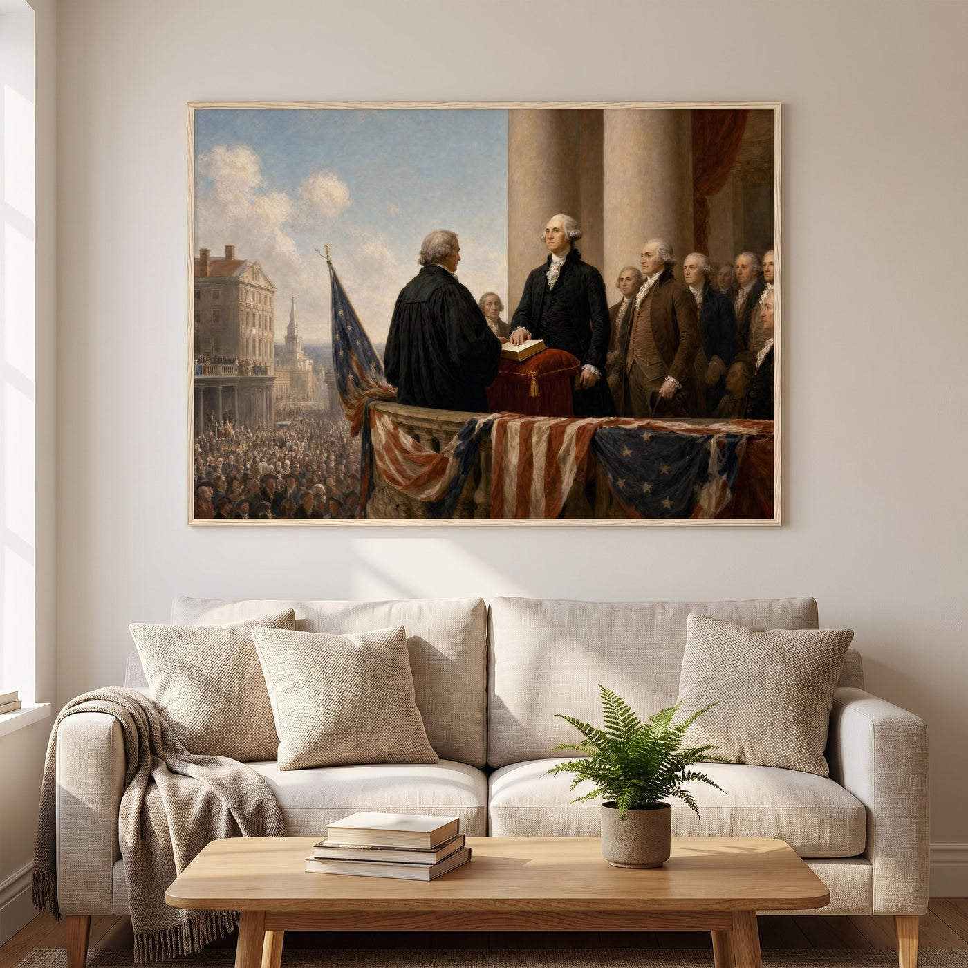 Washington's First Inauguration framed print hanging in a home interior