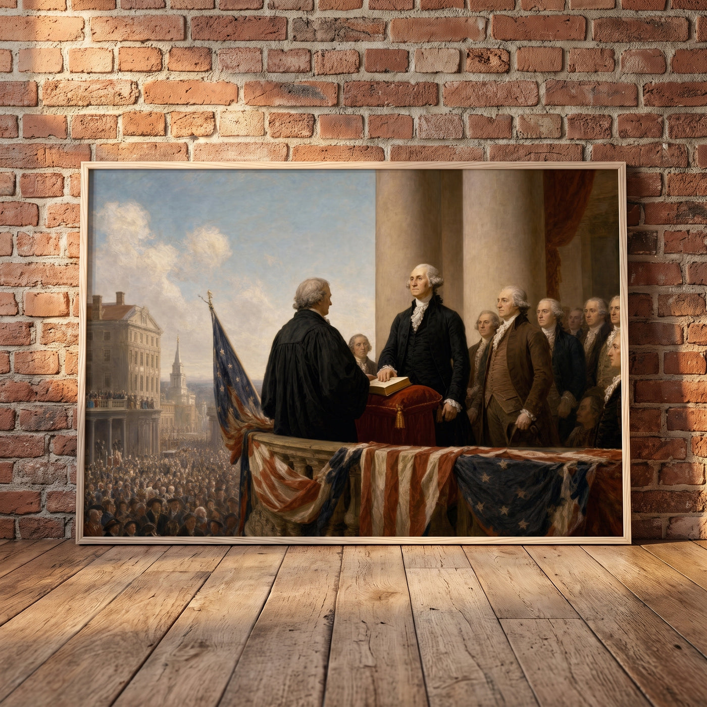 Washington's First Inauguration framed print leaning against a wall