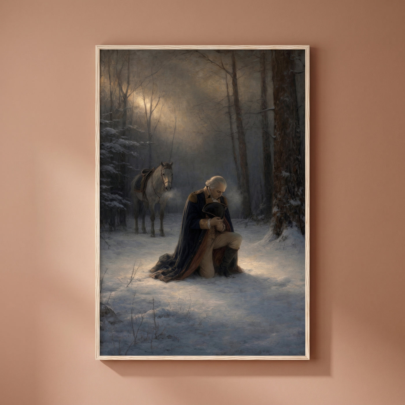 Washington's Prayer at Valley Forge framed print on a plain wall