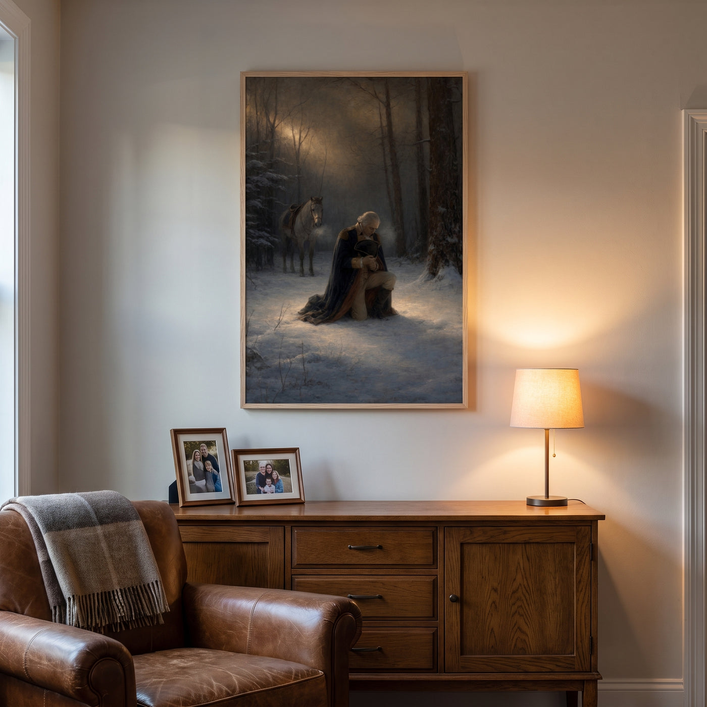Washington's Prayer at Valley Forge framed print hanging in a home interior