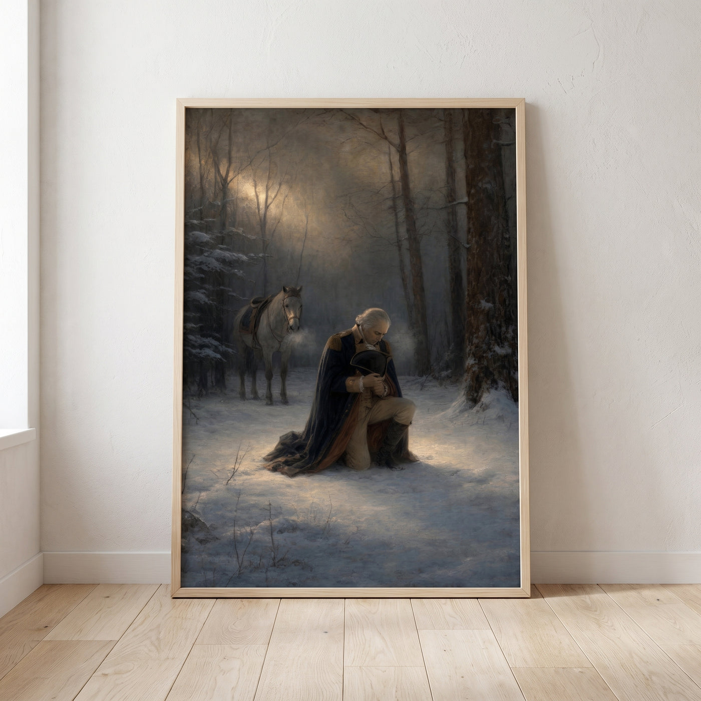 Washington's Prayer at Valley Forge framed print leaning against a wall
