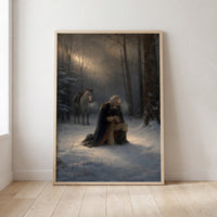 Washington's Prayer at Valley Forge framed print leaning against a wall