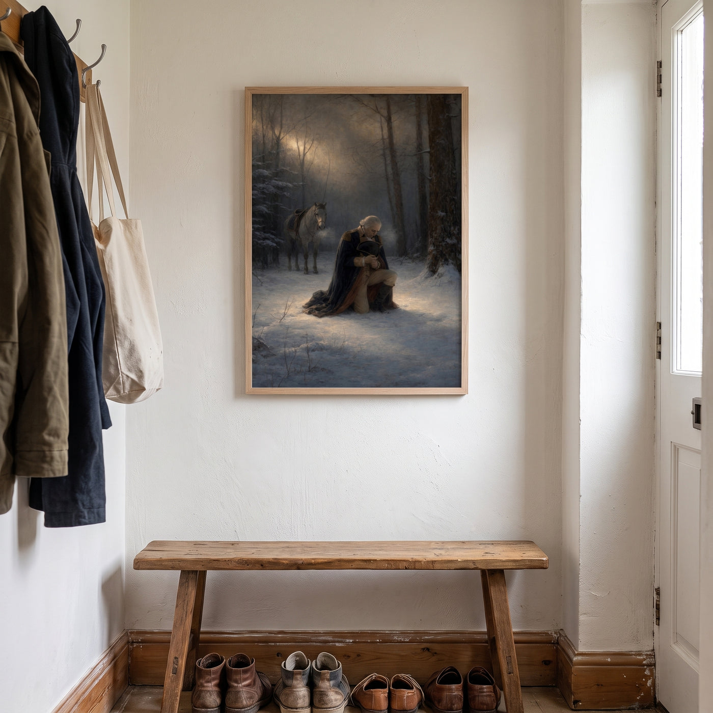 Washington's Prayer at Valley Forge framed print hanging in a home interior