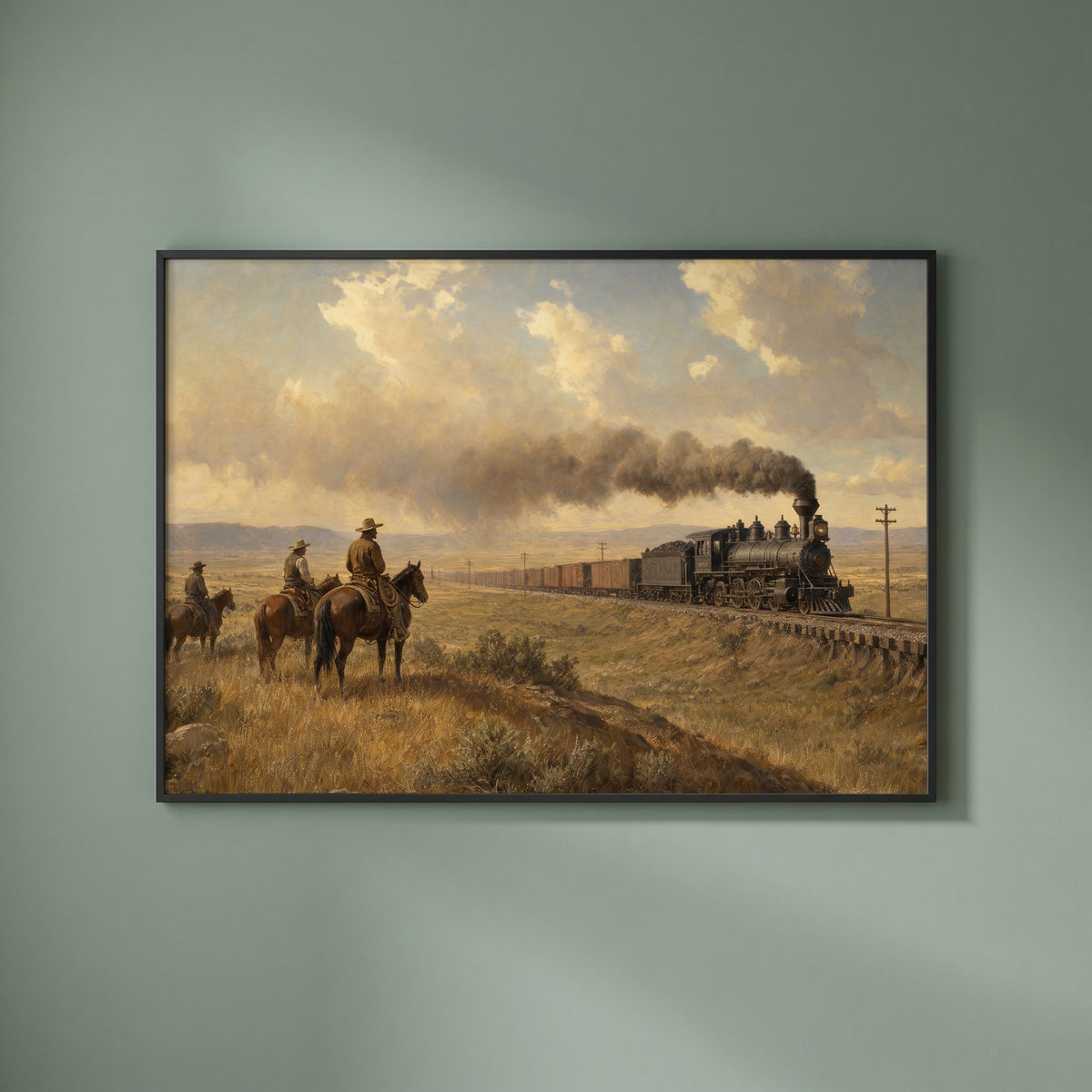 Western Horizon: Train & Cowboys framed print on a plain wall