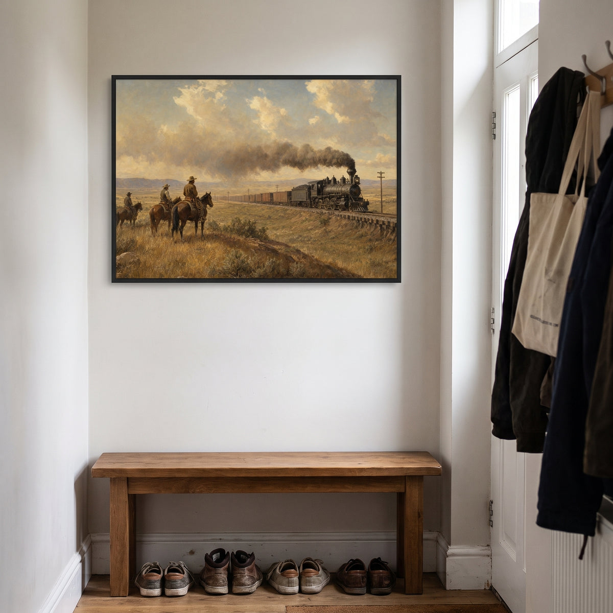 Western Horizon: Train & Cowboys framed print hanging in a home interior