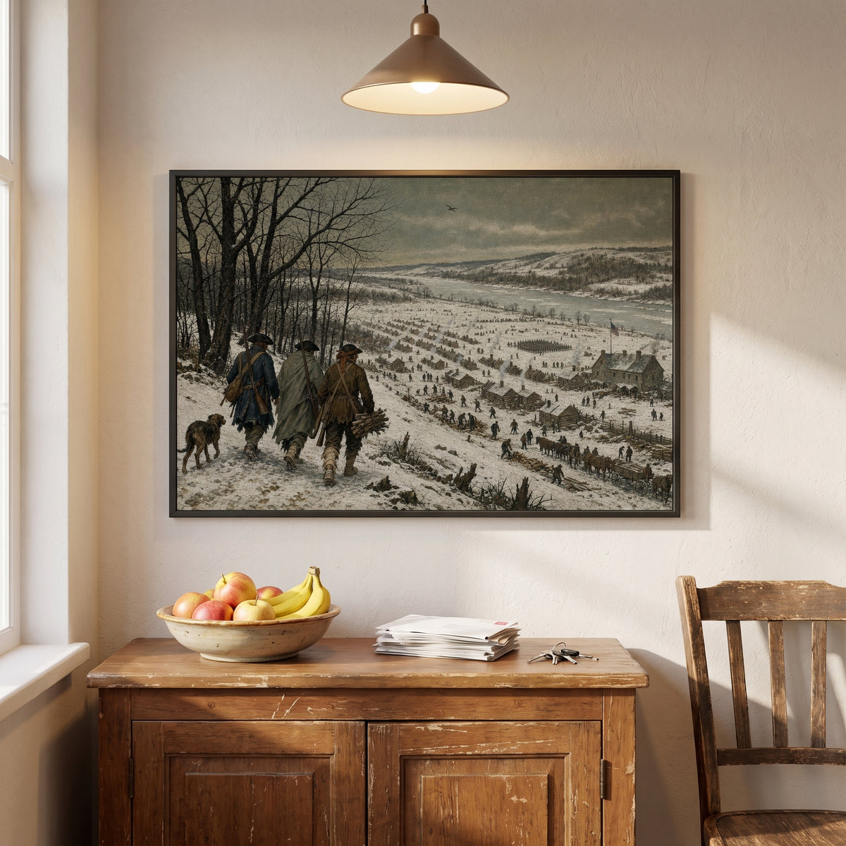 Winter at Valley Forge framed print hanging in a home interior