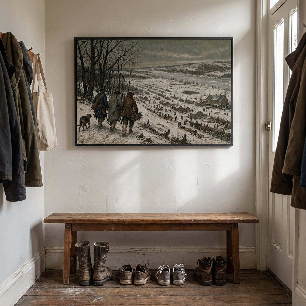 Winter at Valley Forge framed print hanging in a home interior