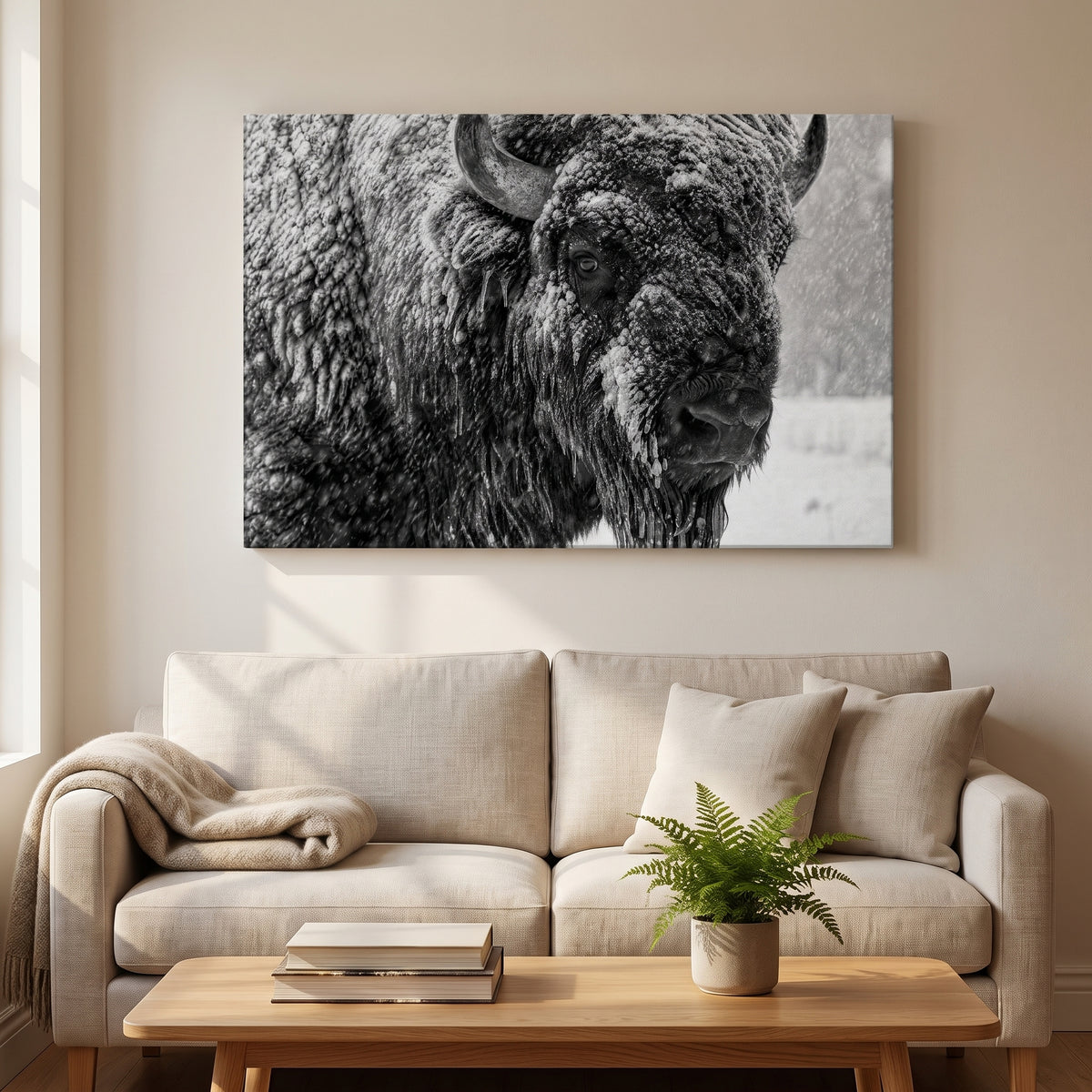 Winter Bison canvas print hanging in a home interior