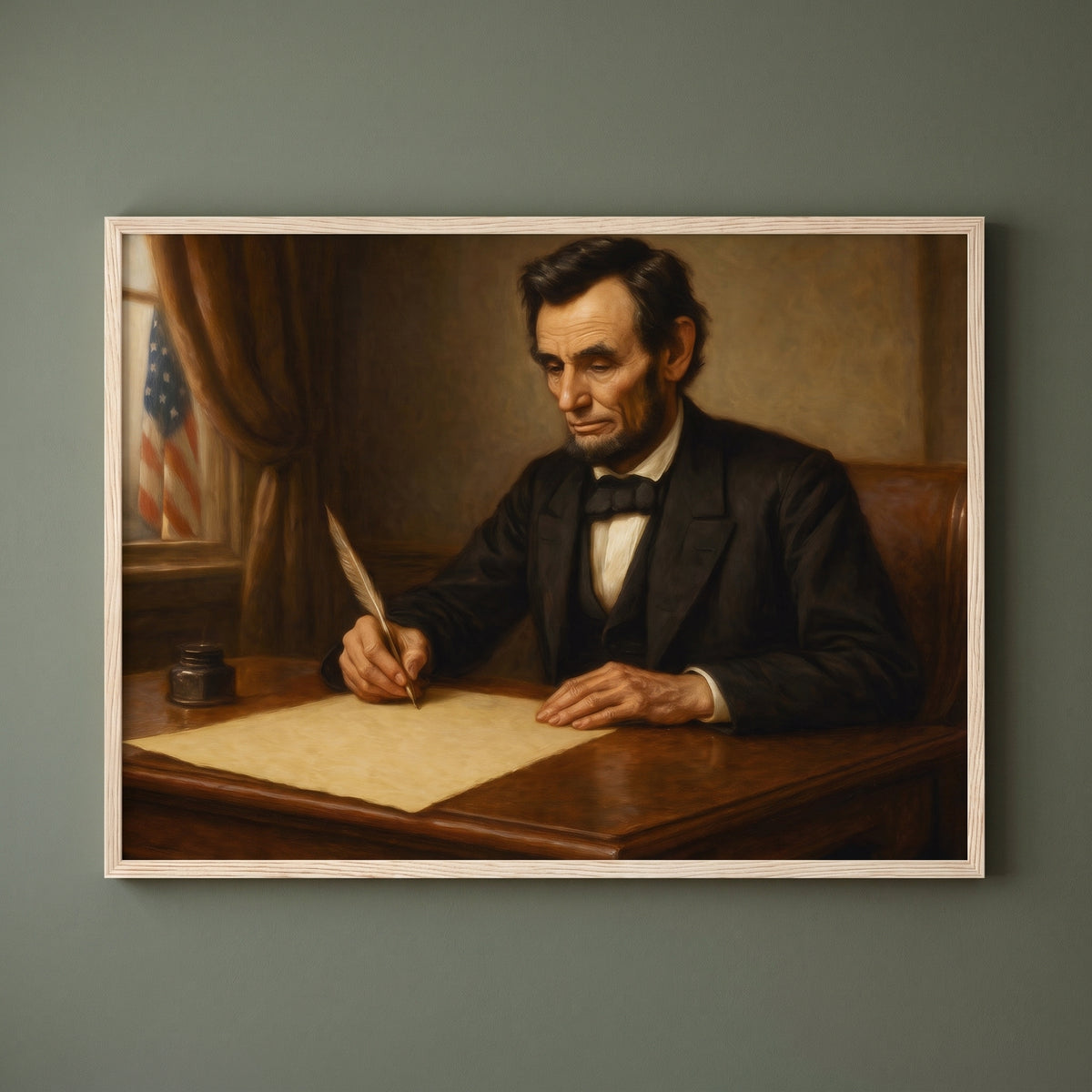 Writing the Emancipation Proclamation framed print on a plain wall