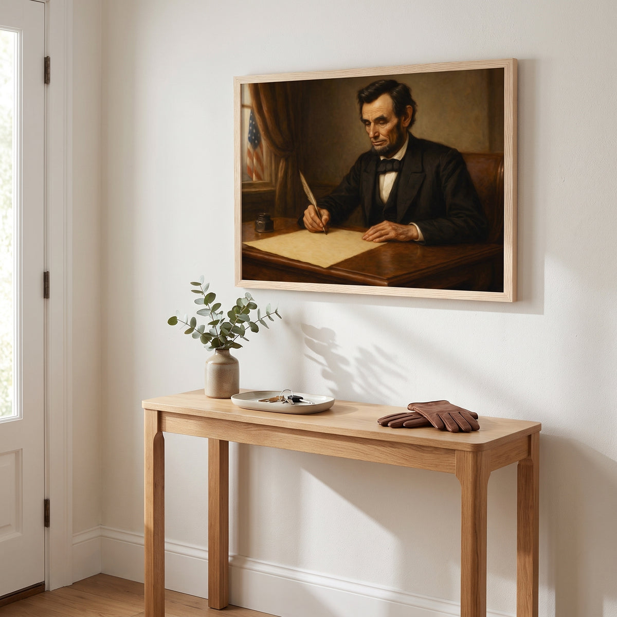 Writing the Emancipation Proclamation framed print hanging in a home interior