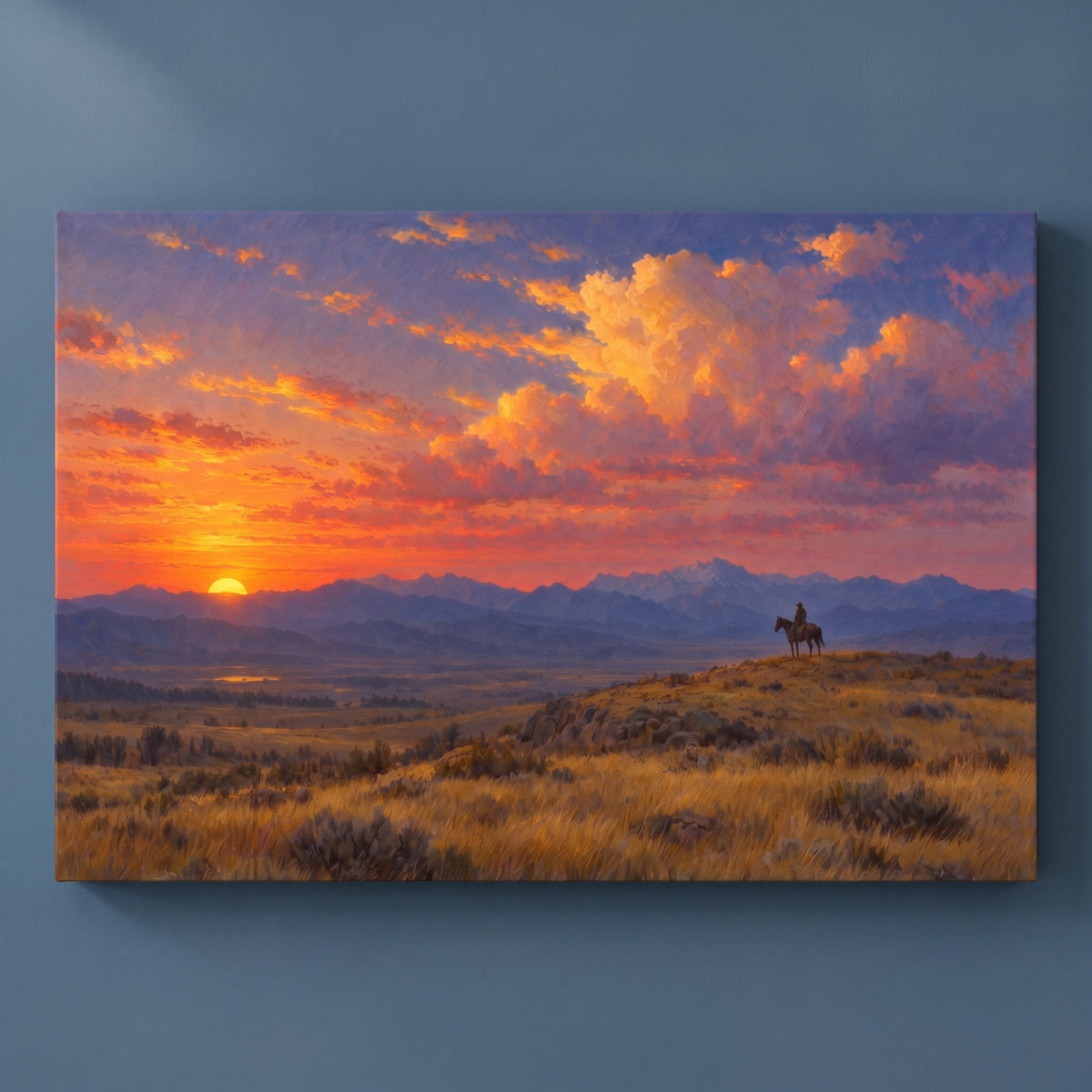 Wyoming Rider at Dusk gallery-wrapped canvas print on a plain wall